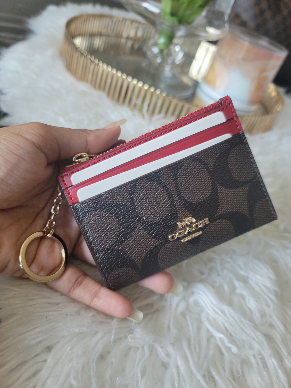 Coach Brown Signature Card Holder with Red Trim and Keyring